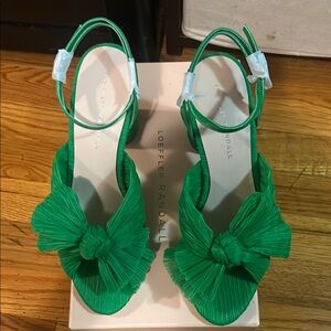NWT Loeffler Randall Camellia Pleated Knot Heeled Green Sandal with Ankle Strap